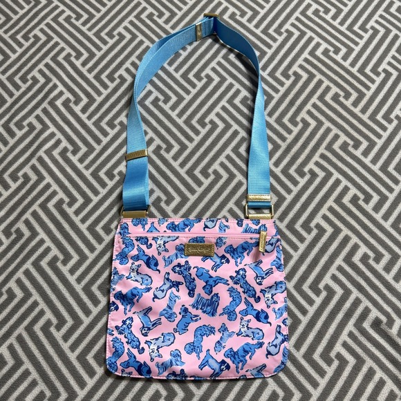 Lilly Pulitzer Pompano Crossbody Bag Ruff Night Pink Blue Dogs Purse - Picture 1 of 6